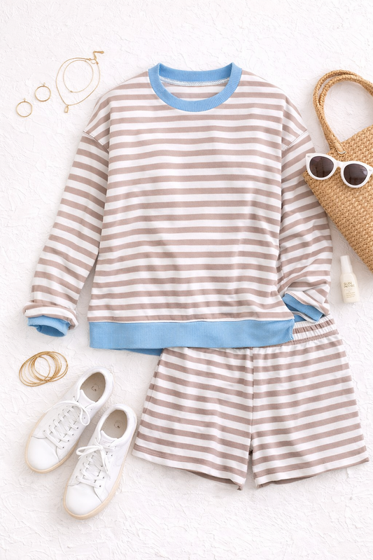 Beach Blue Stripes Pullover Set (Plus)