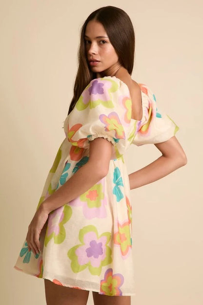 Floral Puff Sleeve Babydoll Dress (Cream)