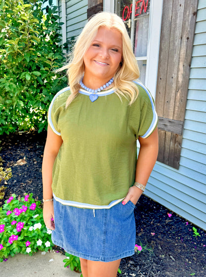 Good Vibes Contrast Trim Top (Green)