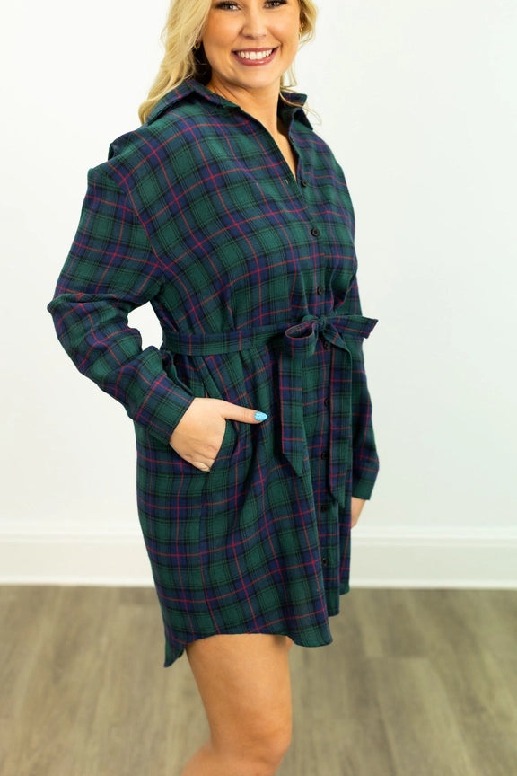 Gracie Plaid Shirt Dress (Green)