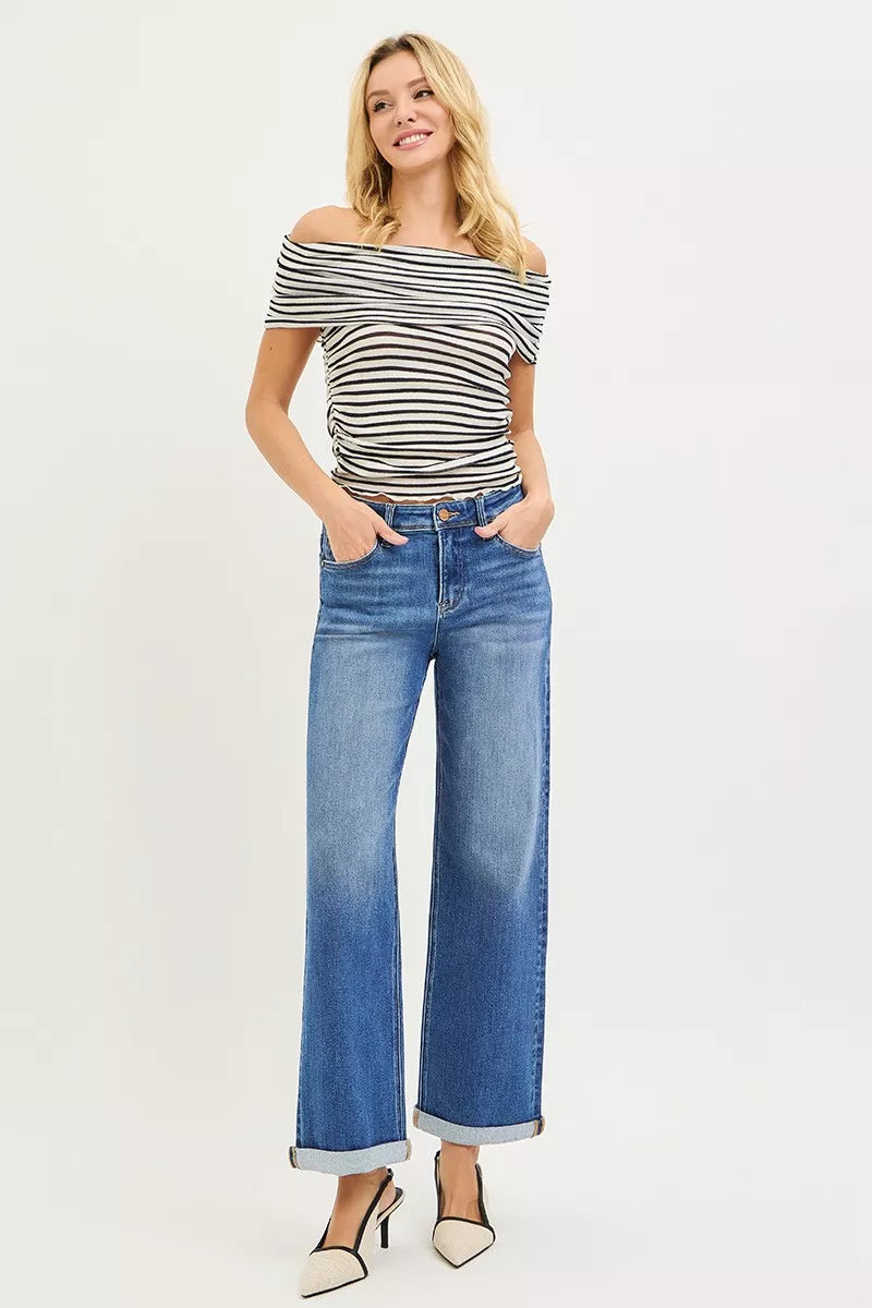 Risen High Rise Straight Cuffed Jeans