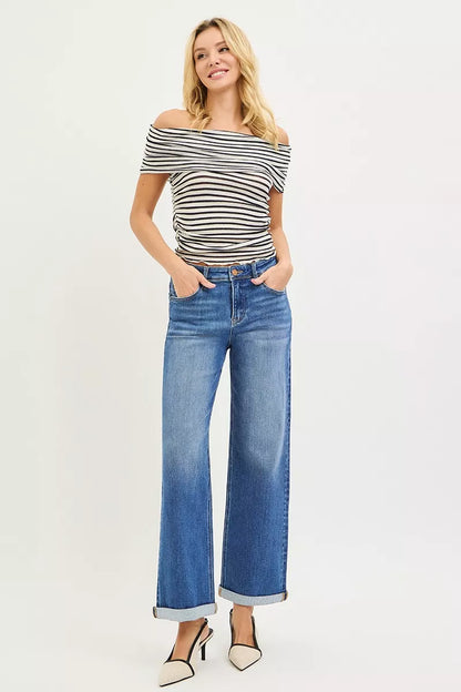Risen High Rise Straight Cuffed Jeans