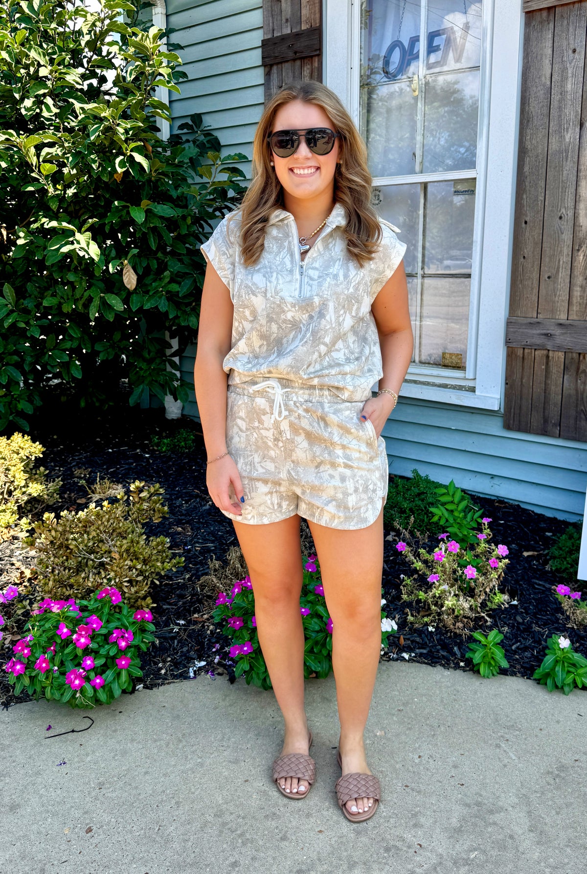 Camo Half Zip Shorts Set (Grey)
