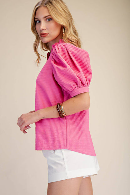 Ruffle Neck Puff Sleeve (Pink)