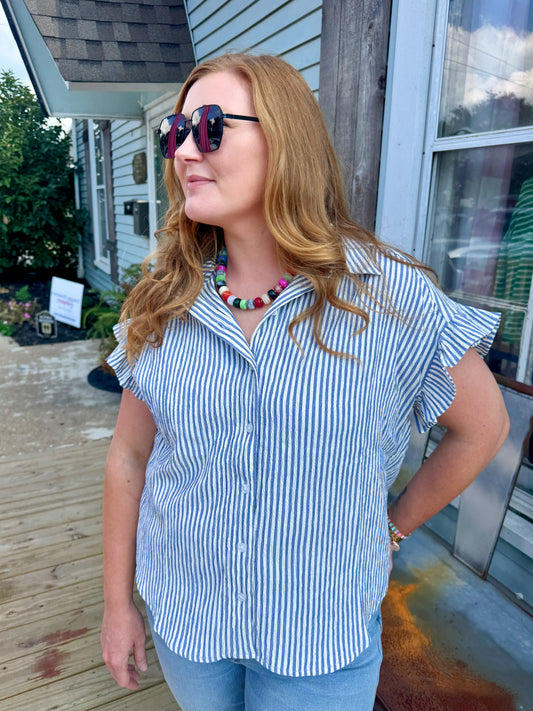 Dusty Ruffle Sleeve Top (Blue)