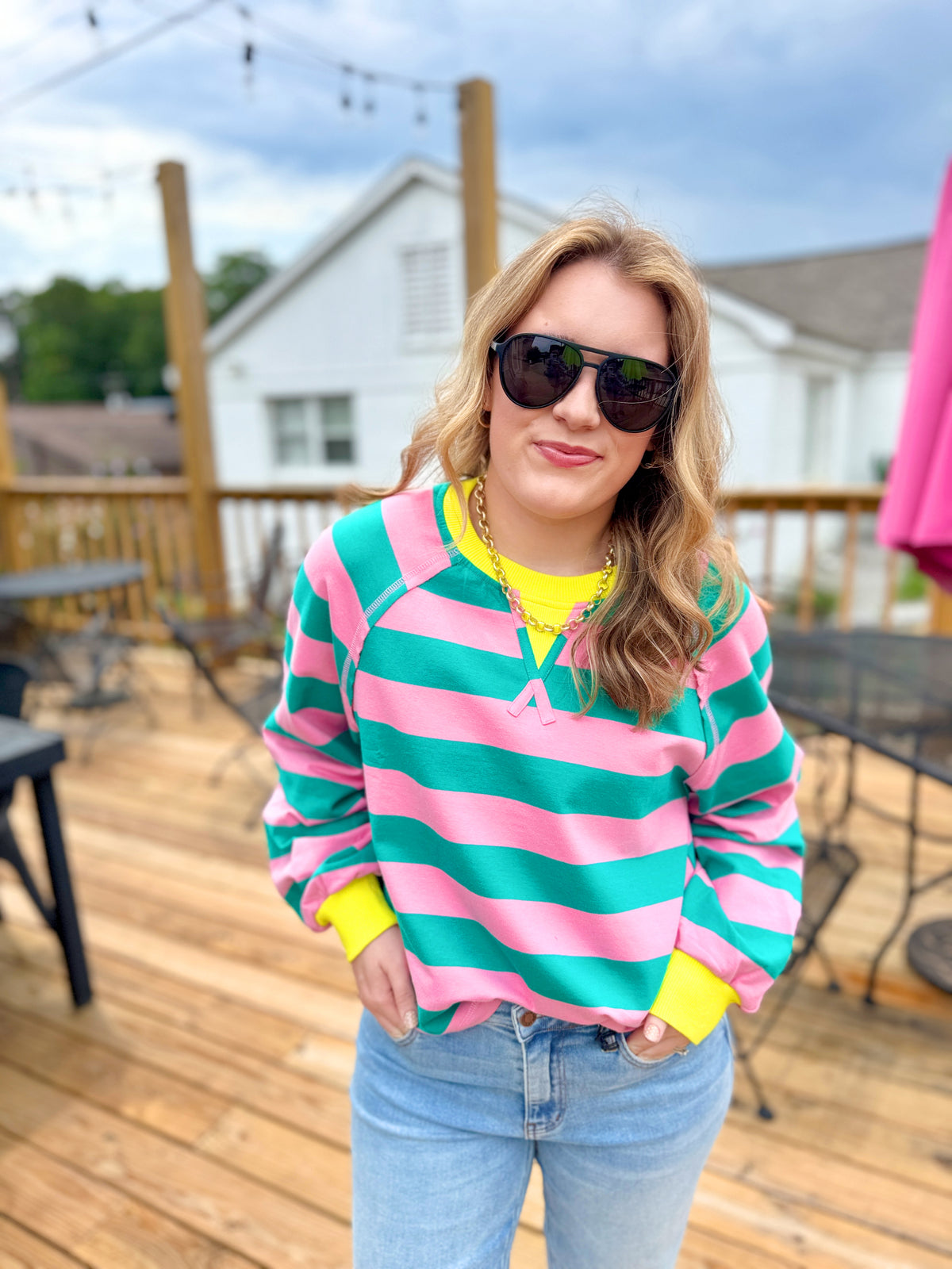 Keep It Casual Stripe Pullover (Teal/Pink)