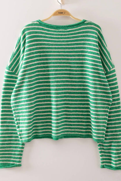 Hi There Striped Button Down Sweater (Green)