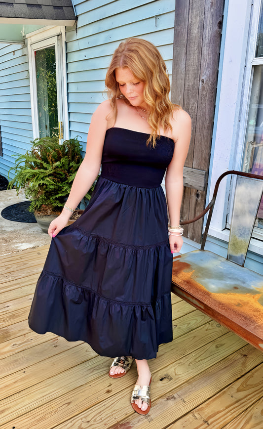 Making Moves Black Strapless Midi Dress