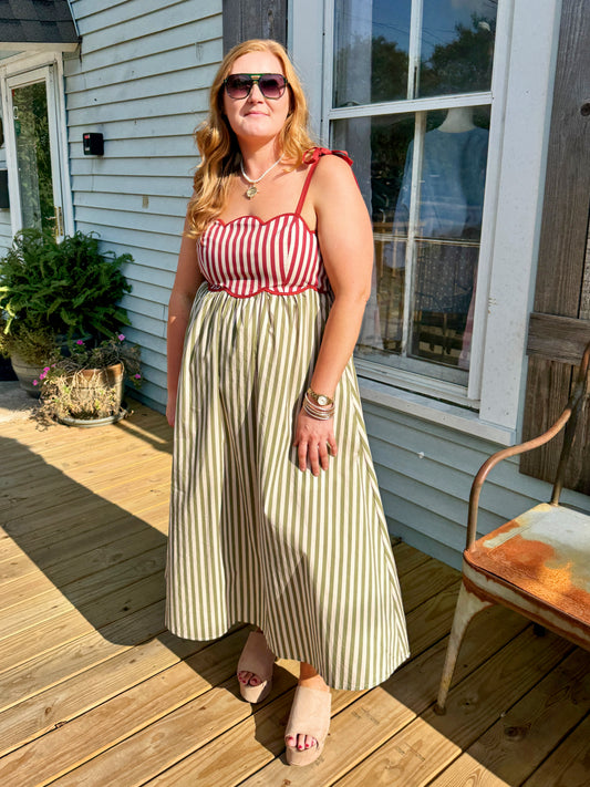 Over You Olive Striped Dress