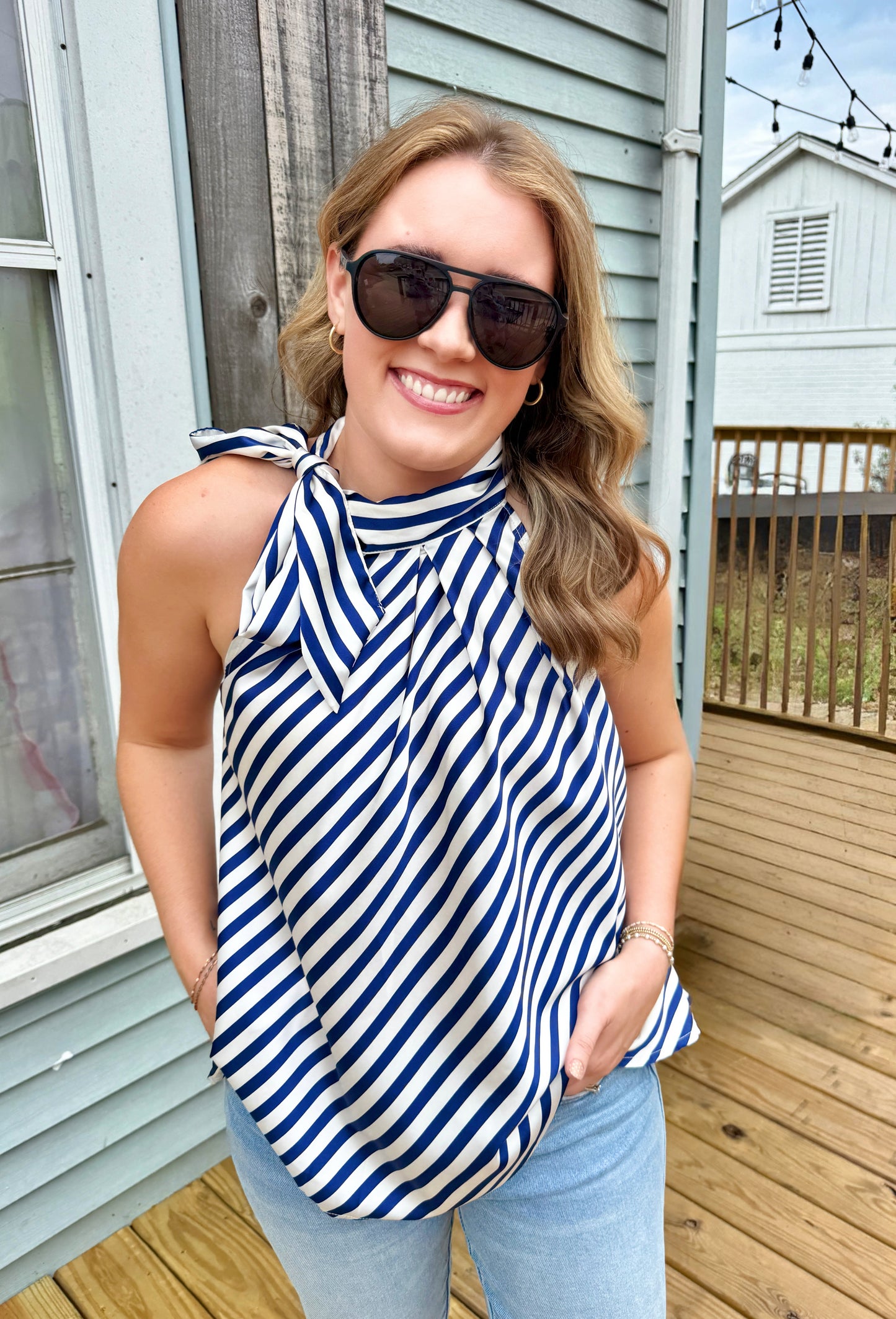 Tied Up Striped Blouse (Blue)
