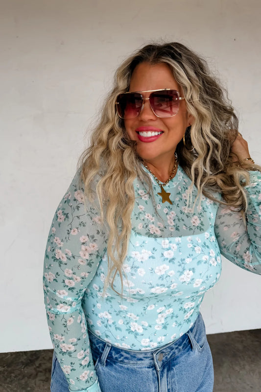 Sage Floral Mesh Top
