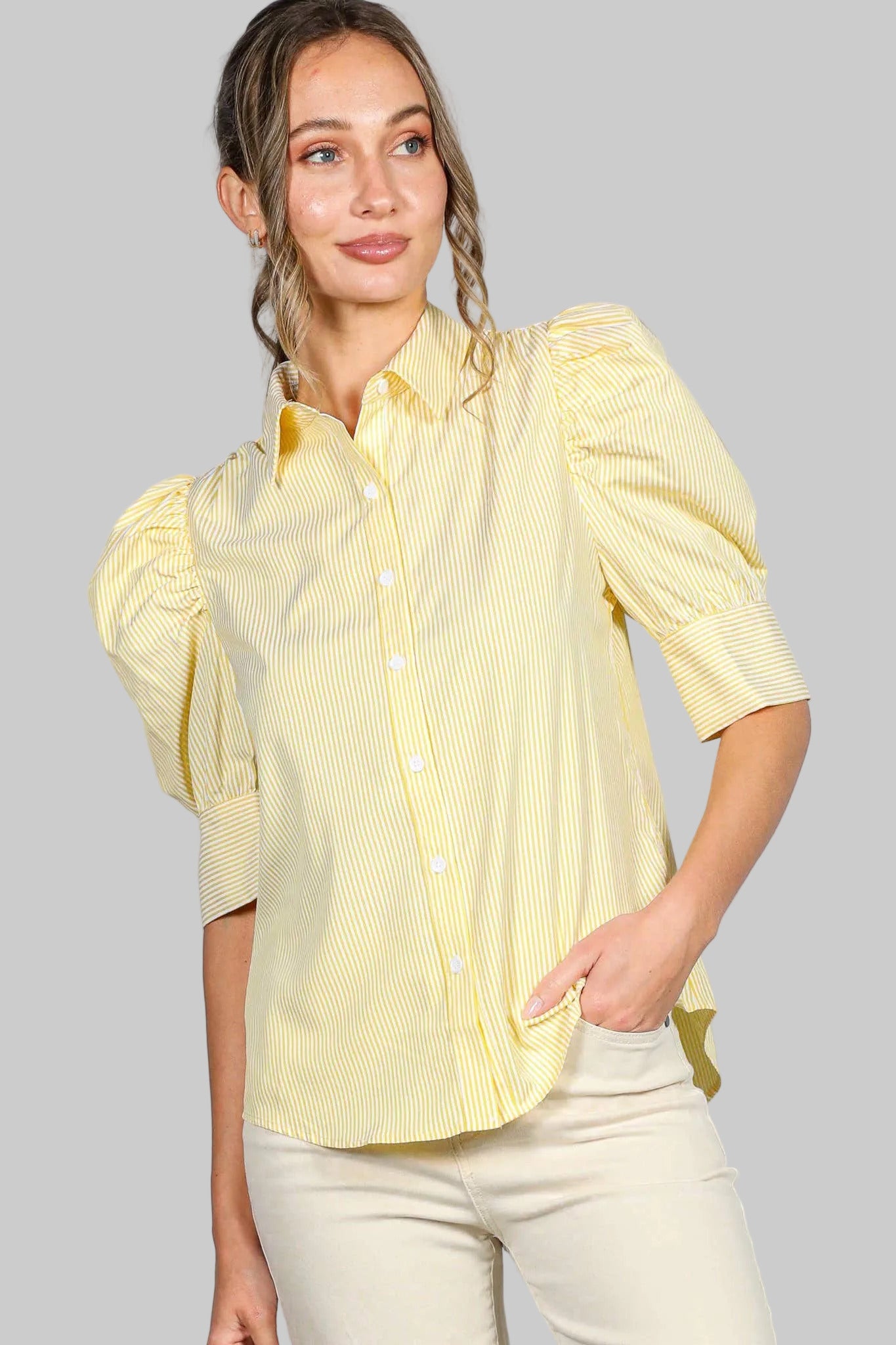 Karlie Striped Puff Sleeve Blouse (Yellow)