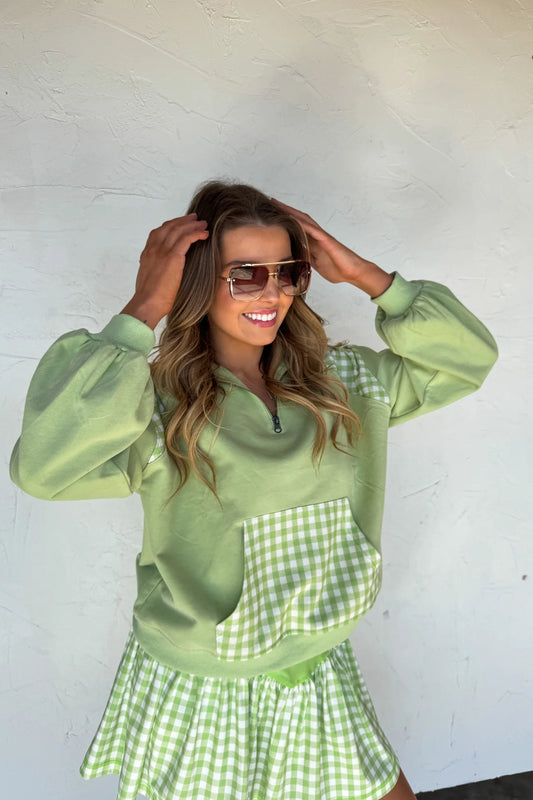 Just Living Gingham Quarter Zip Pullover (Green)