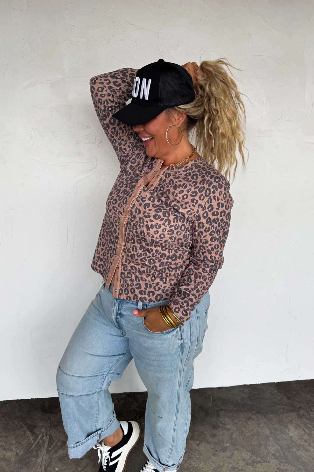 Kori Snap Button Waffle Top  (Cheetah)