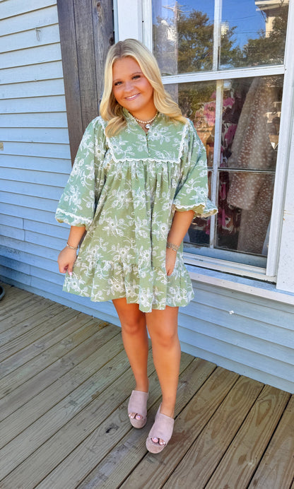 Camille Embroidered Dress (Sage)