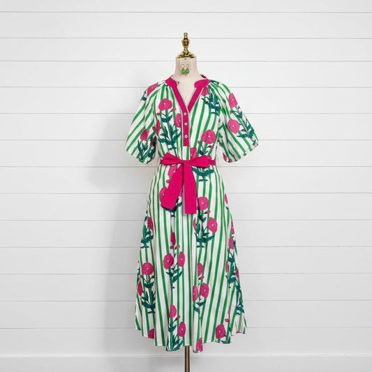 Mandie Floral + Stripe Dress (Green)
