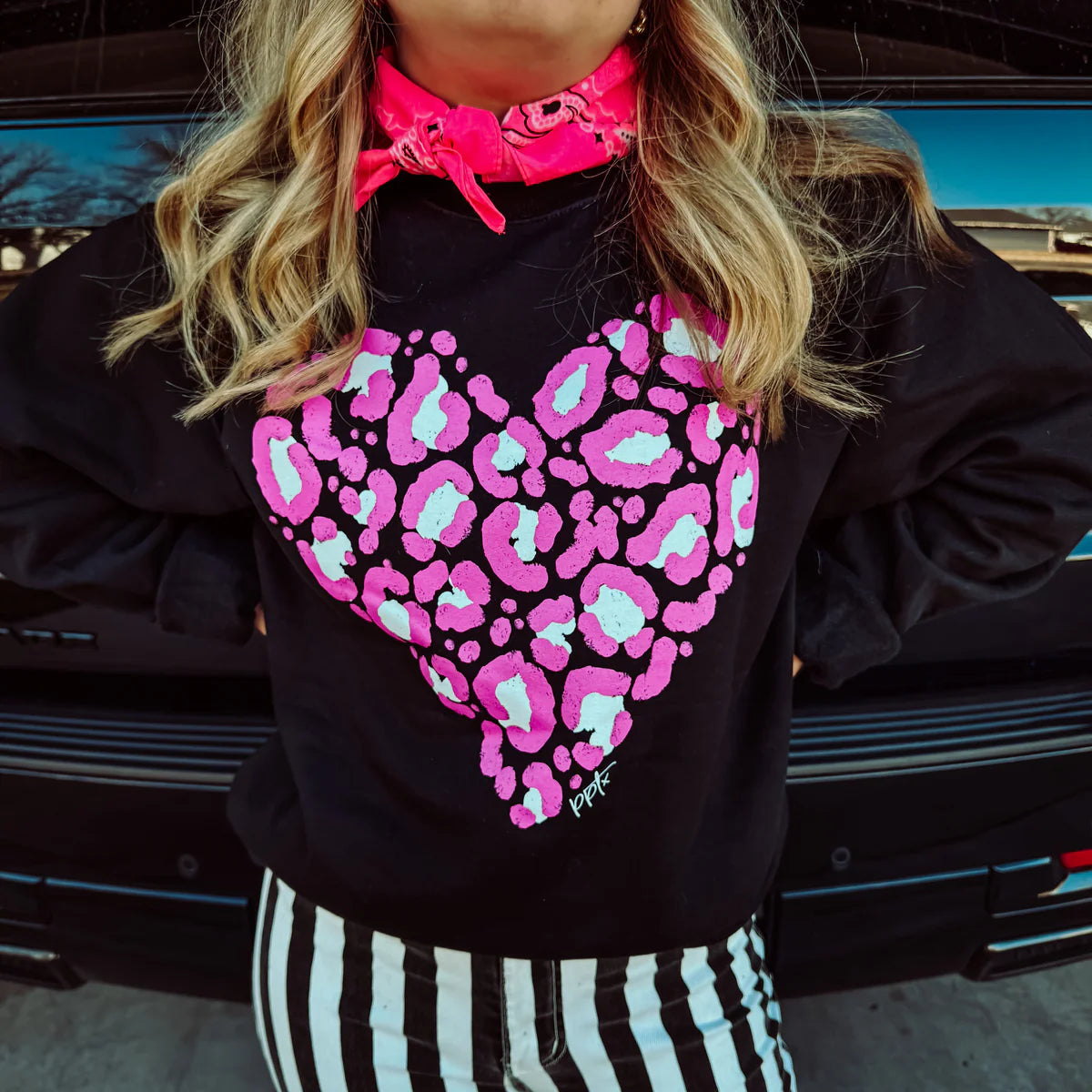 Pink Leopard Heart Sweatshirt (Black)
