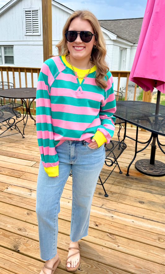 Keep It Casual Stripe Pullover (Teal/Pink)