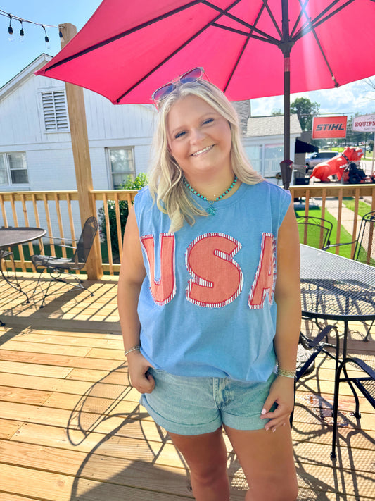 USA Patch Boxy Tank (Blue)