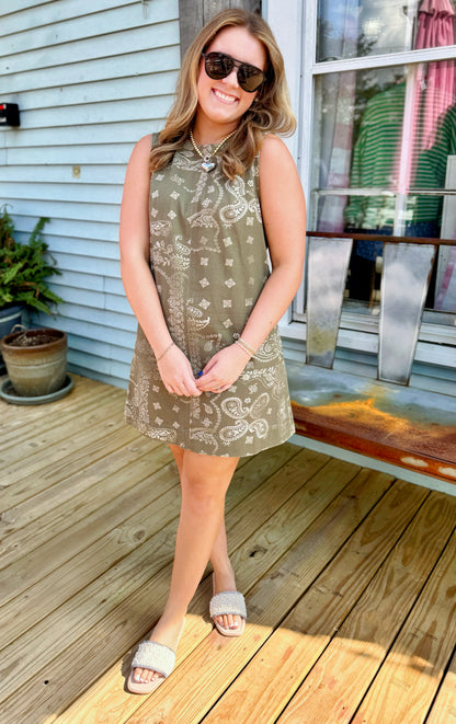 Vintage Bandana Print Mini Dress (Green)