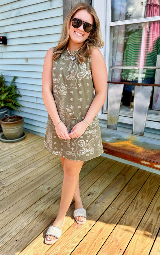 Vintage Bandana Print Mini Dress (Green)