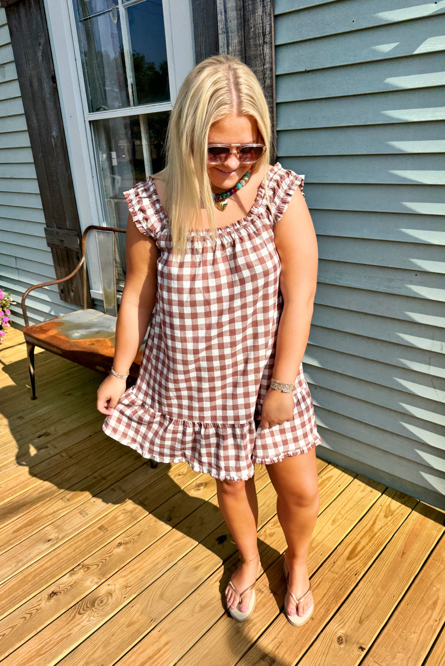 Sunset Tides Gingham Dress (Mocha)