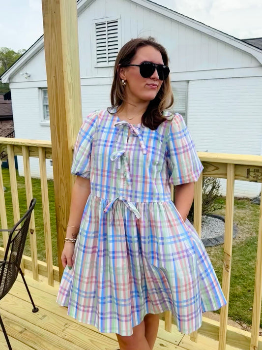 Madras Plaid Tie Front Dress