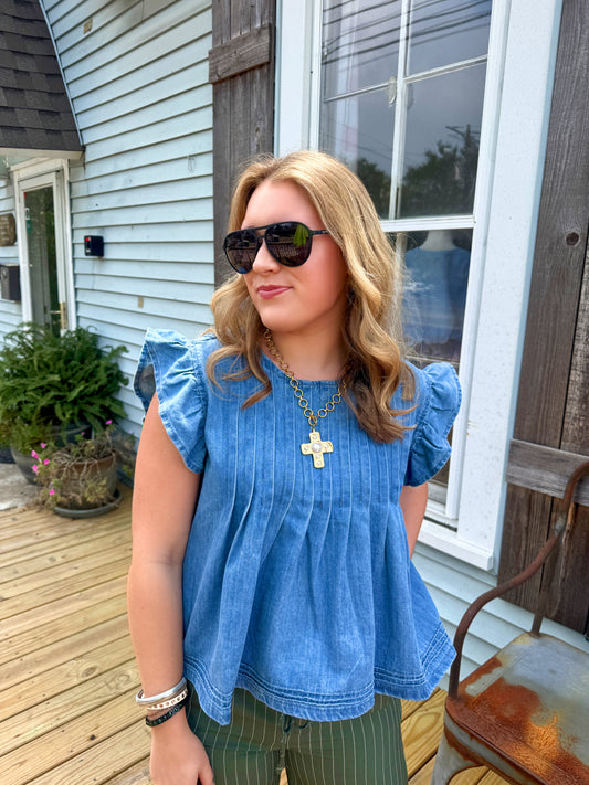 Ruffle Pleated Denim Top