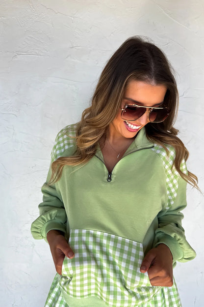 Just Living Gingham Quarter Zip Pullover (Green)