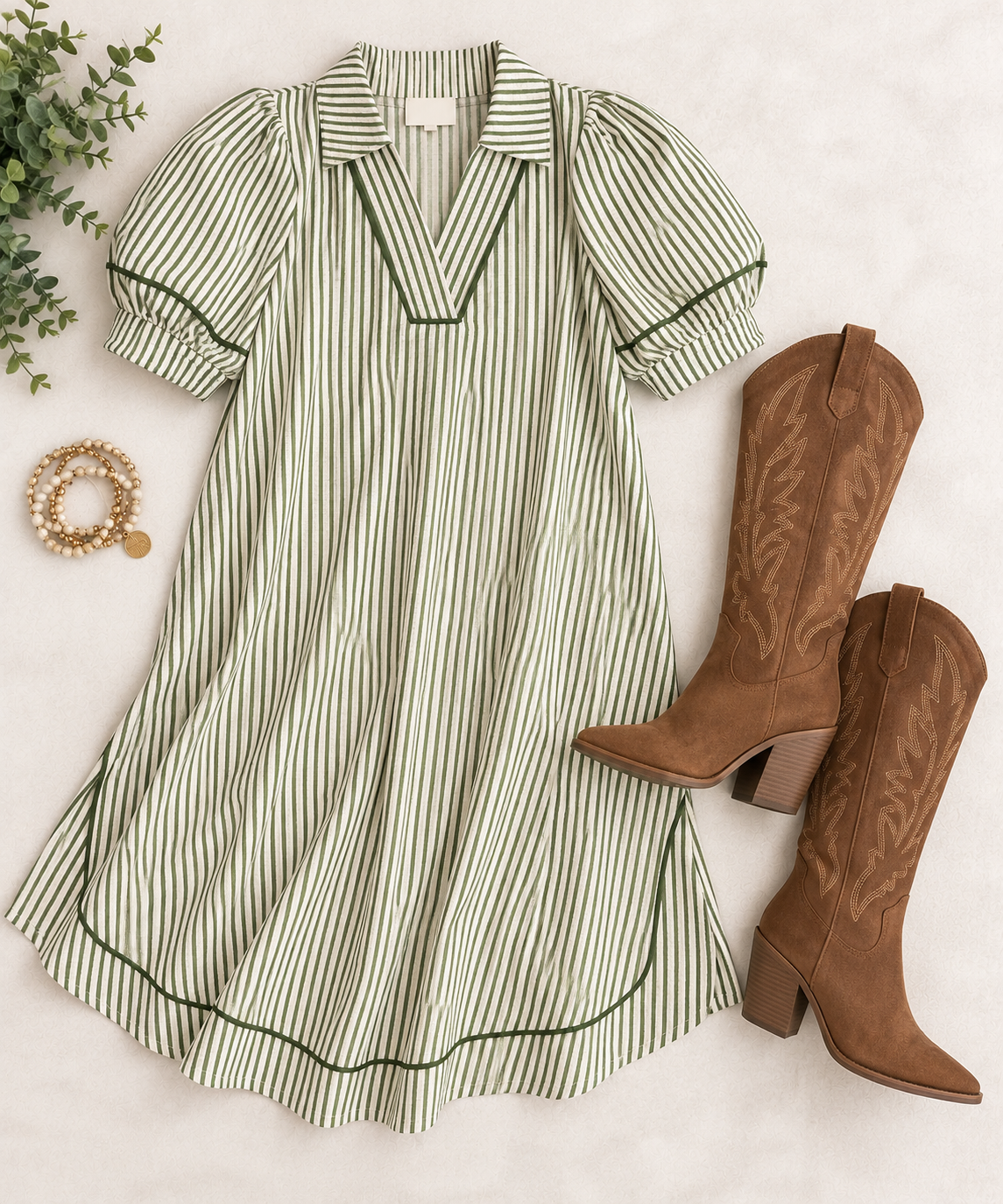Olive Grove Striped Midi Dress (Green)