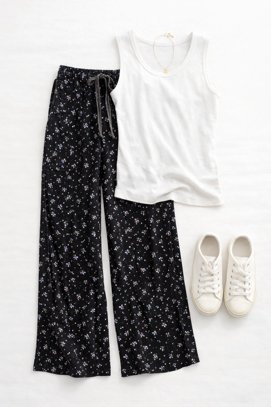 Happy Floral Wide Leg Pants (Black)