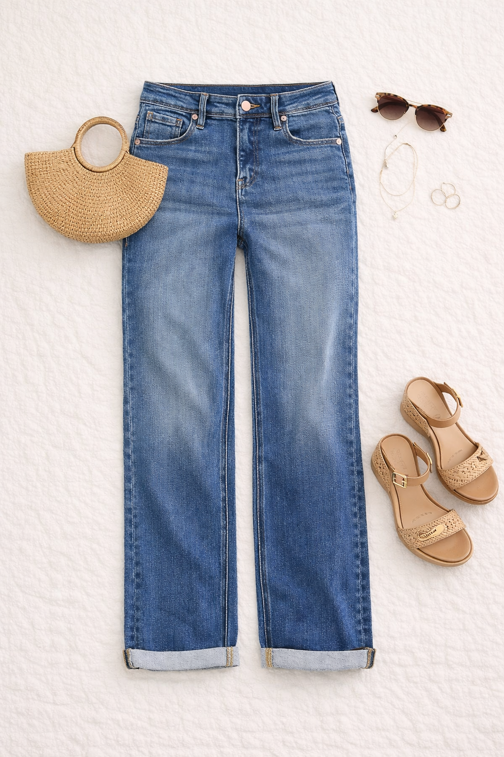 Risen High Rise Straight Cuffed Jeans