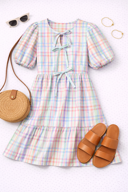 Madras Plaid Tie Front Dress