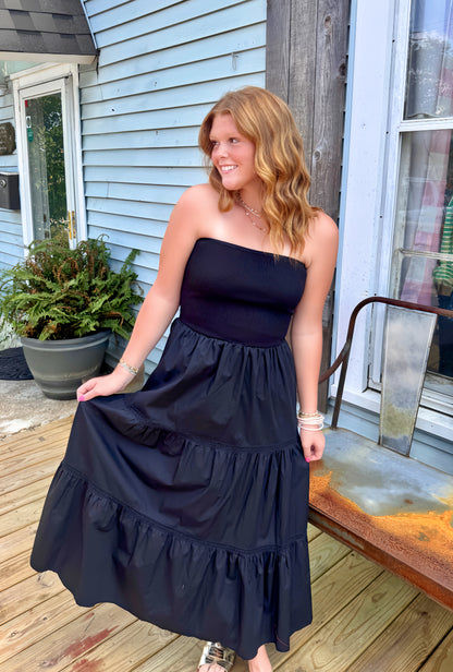 Making Moves Black Strapless Midi Dress