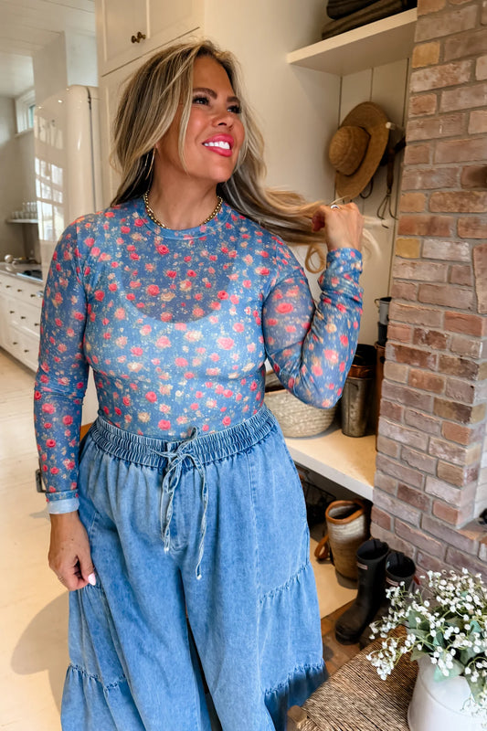 Southern Charm Mesh Top Floral (Teal)