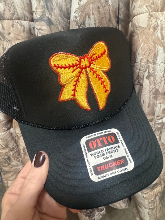 Softball Bow Patch Trucker Hat (Black)