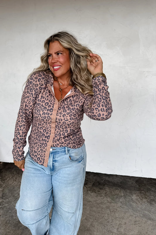 Kori Snap Button Waffle Top  (Cheetah)