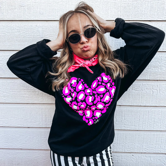 Pink Leopard Heart Sweatshirt (Black)