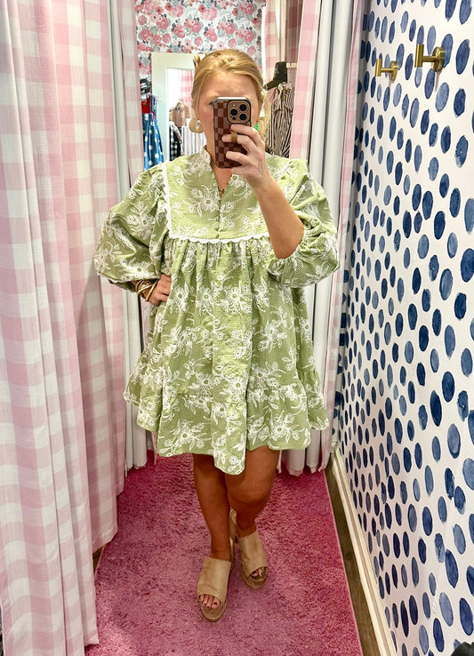 Camille Embroidered Dress (Sage)
