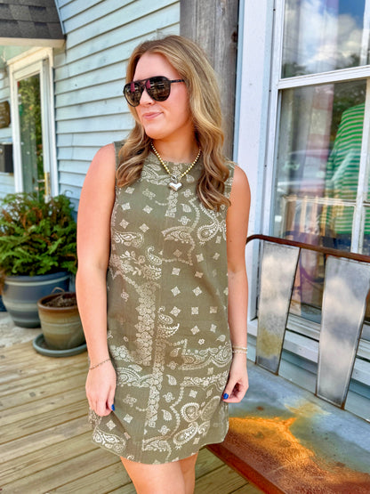 Vintage Bandana Print Mini Dress (Green)