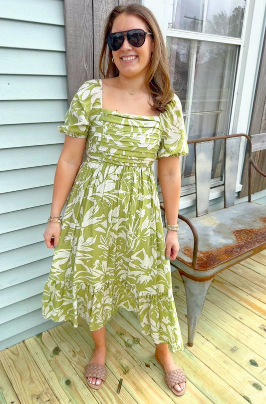 By The River Puff Sleeve Midi Dress (Green)