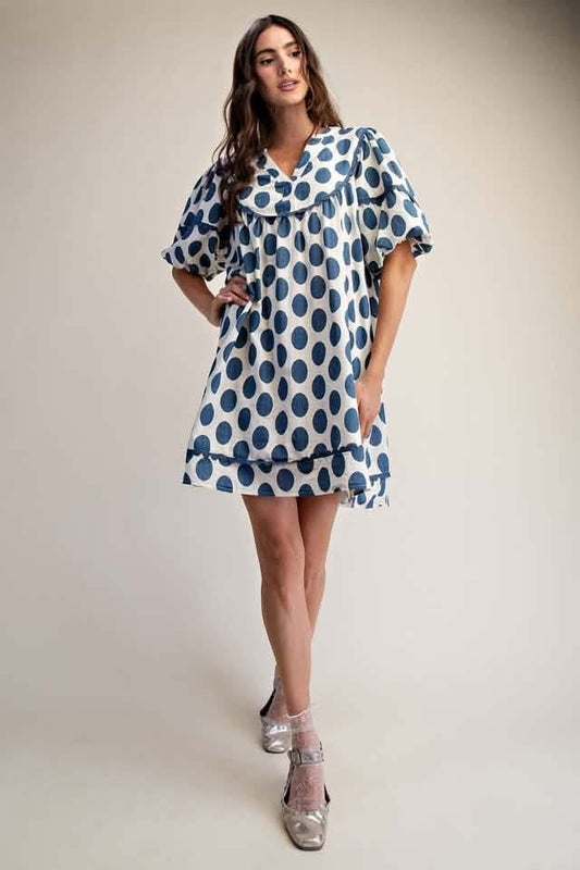 Happy Dots Puff Sleeve Dress (Blue)