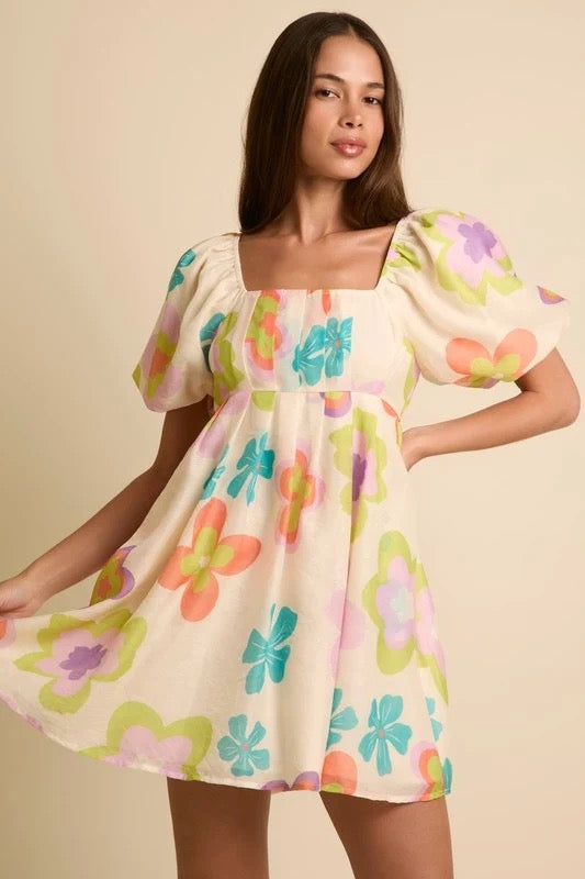 Floral Puff Sleeve Babydoll Dress (Cream)