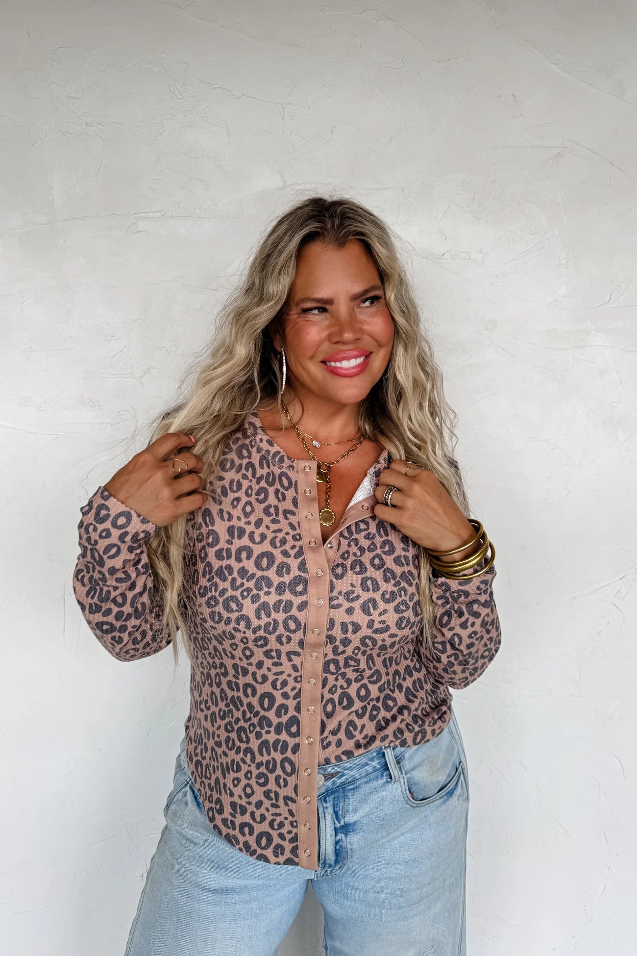 Kori Snap Button Waffle Top  (Cheetah)