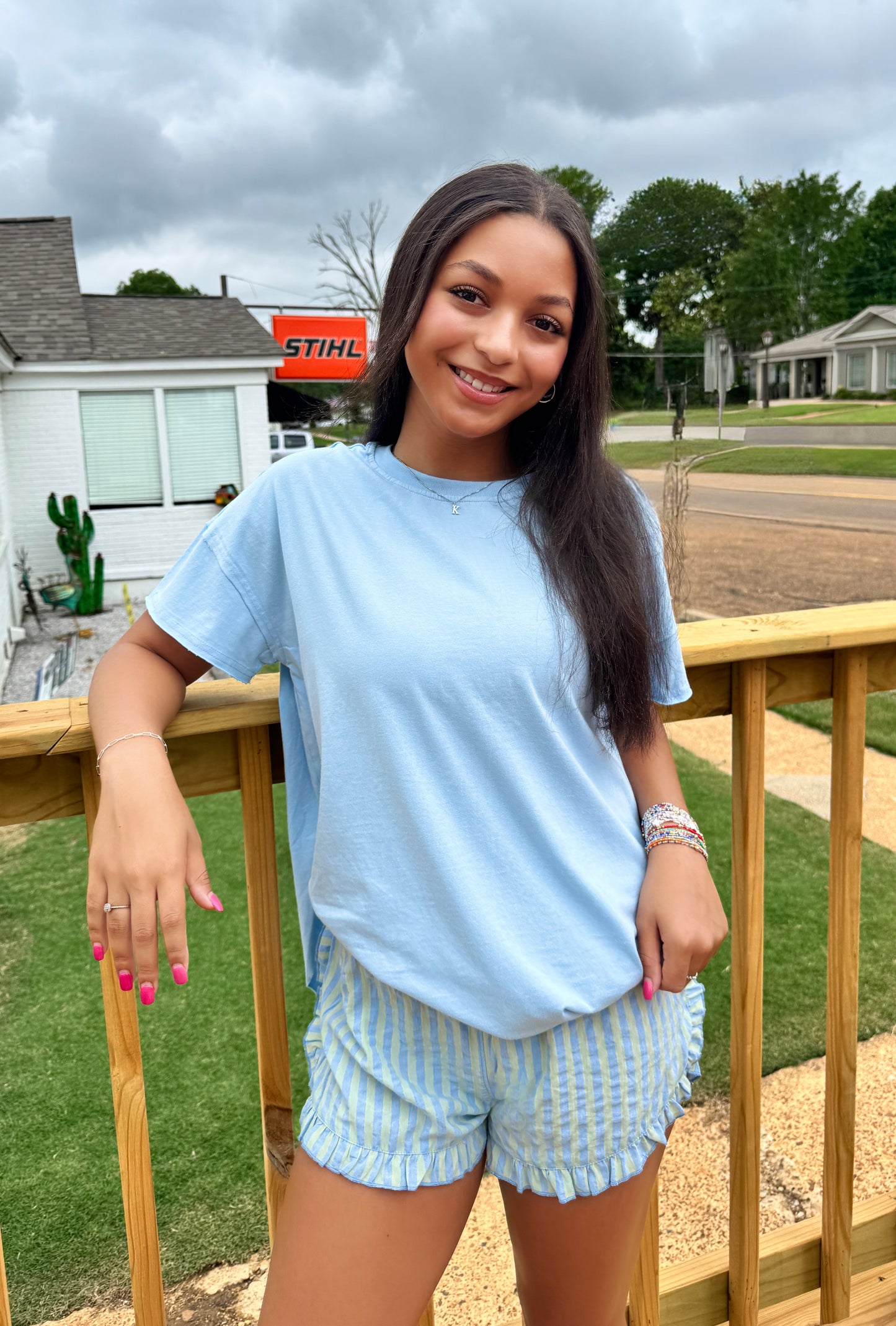 Boho Stripe Ruffle Shorts (Blue)