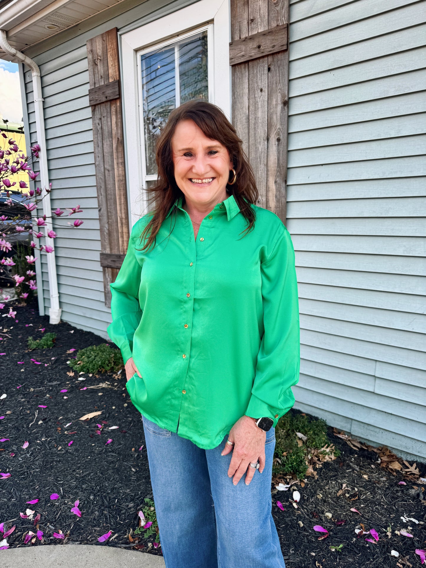 Effortless Emerald Button Down Blouse