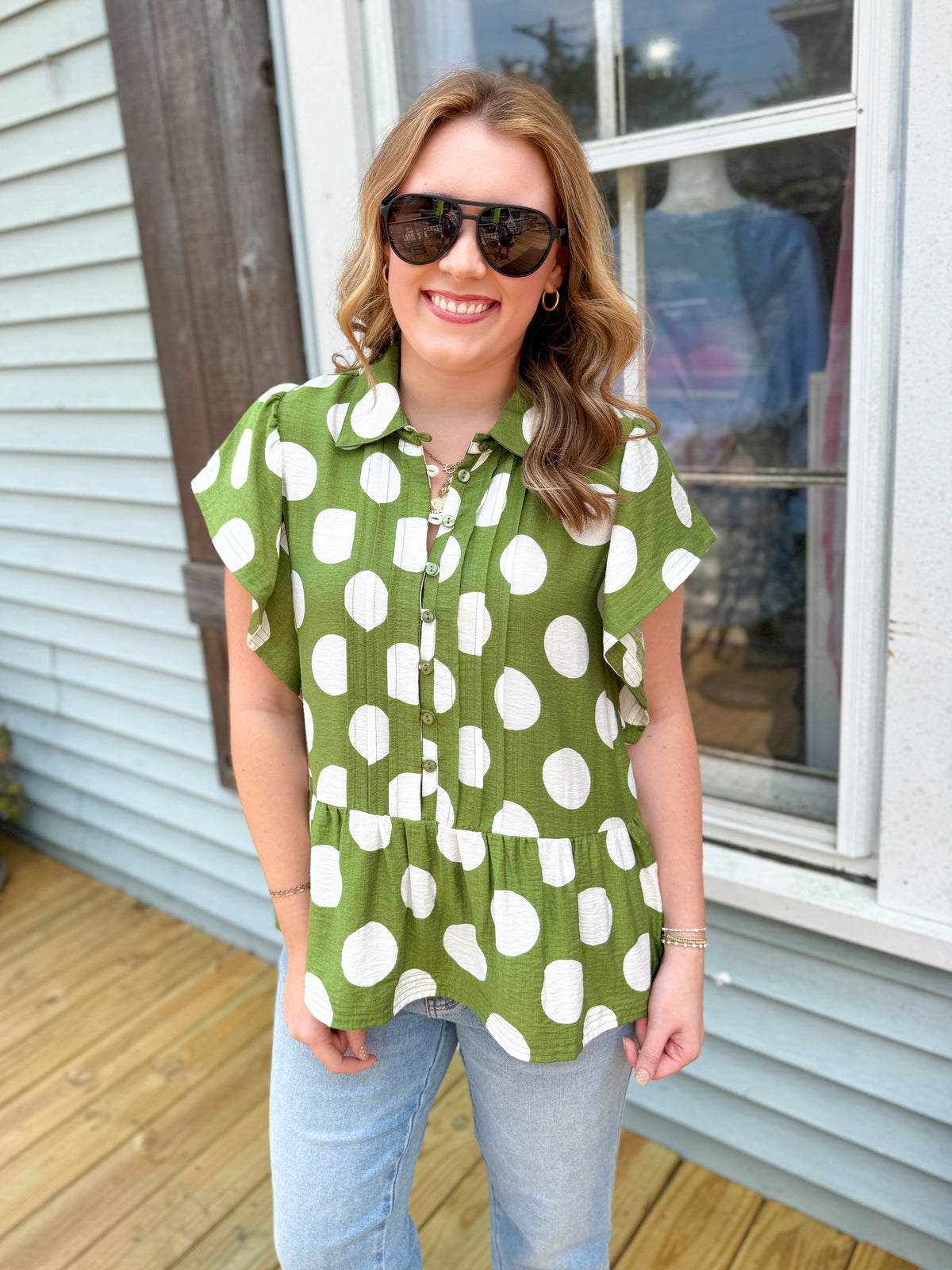 Falling For Dots Blouse (Olive)