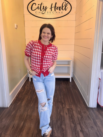 Sweet Sentiments Gingham Cardi (Red)