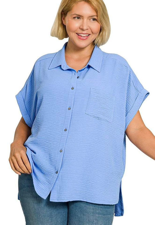 Kylie Woven Button Up Top (Blue)