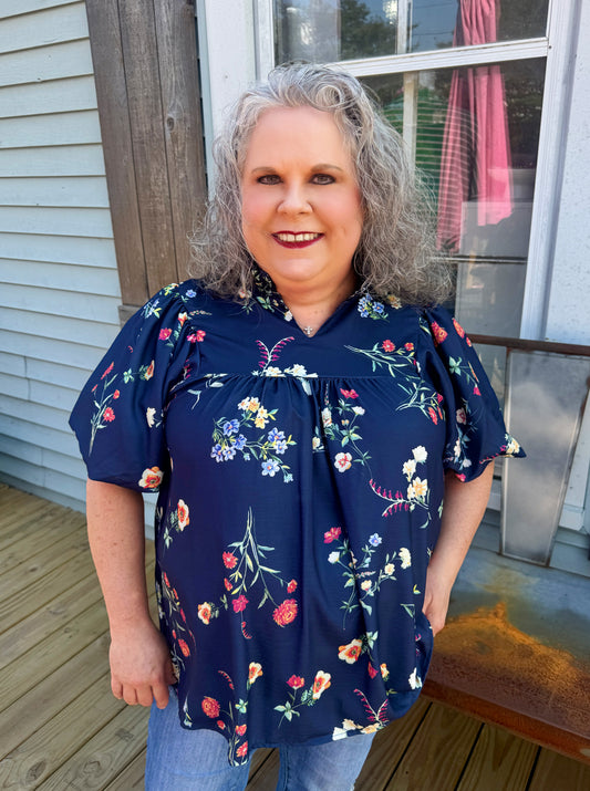 Mandie Floral Blouse (Navy Blue)